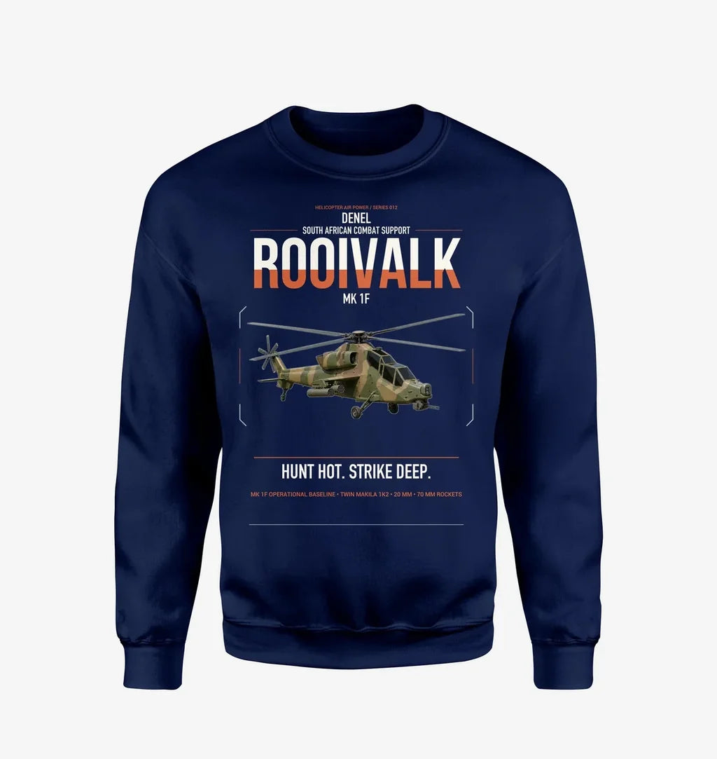 Denel Rooivalk Mk 1F design on navy blue sweatshirt