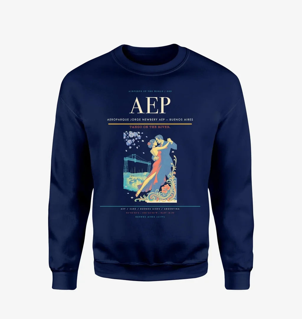 Aeroparque Jorge Newbery (AEP) design on navy blue sweatshirt