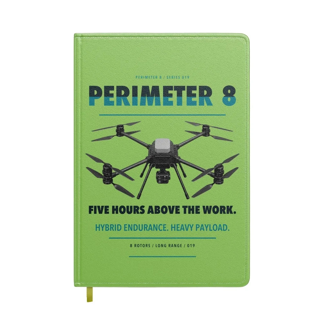 Skyfront Perimeter 8 design on light green notebook