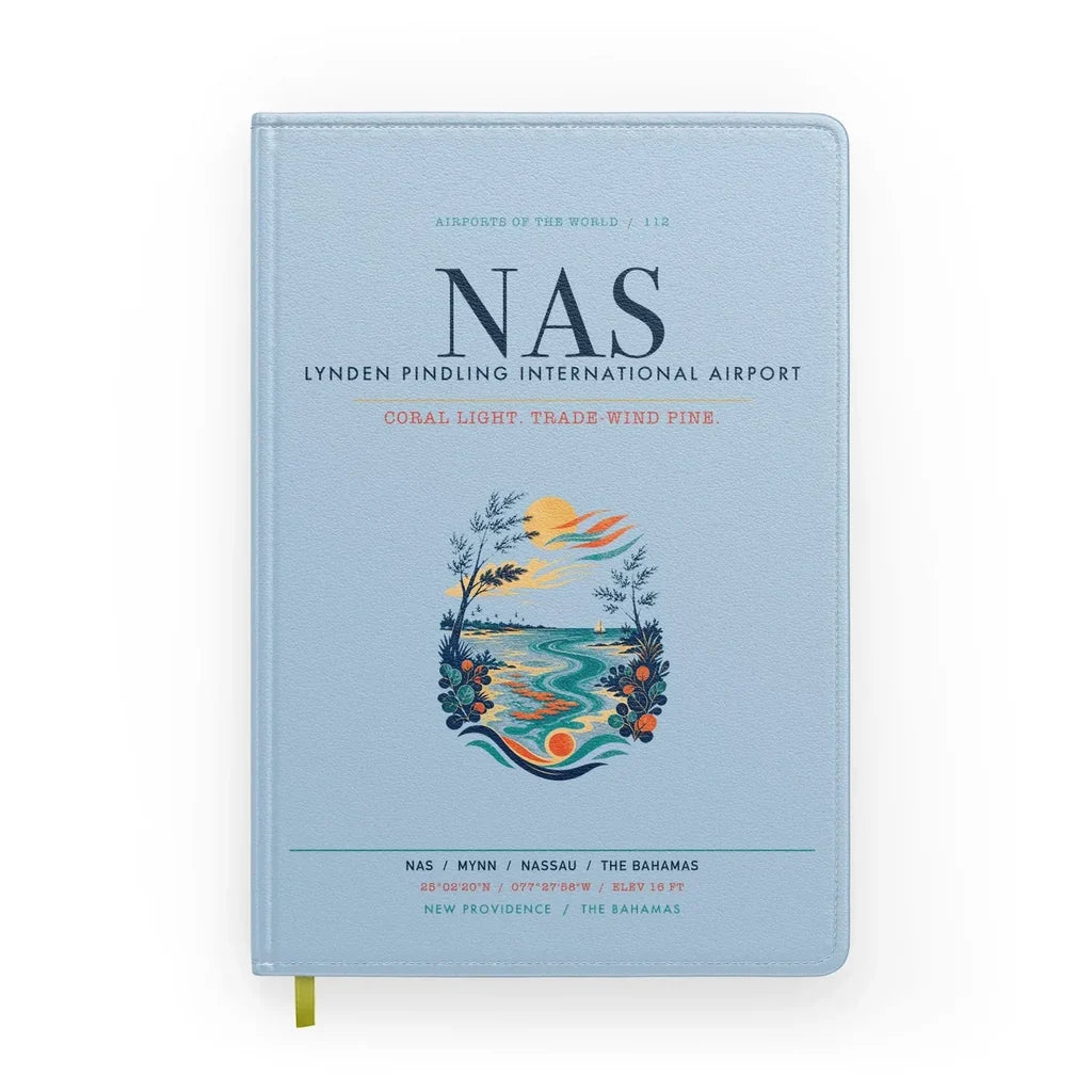Lynden Pindling International Airport Nassau (NAS) design on light blue notebook