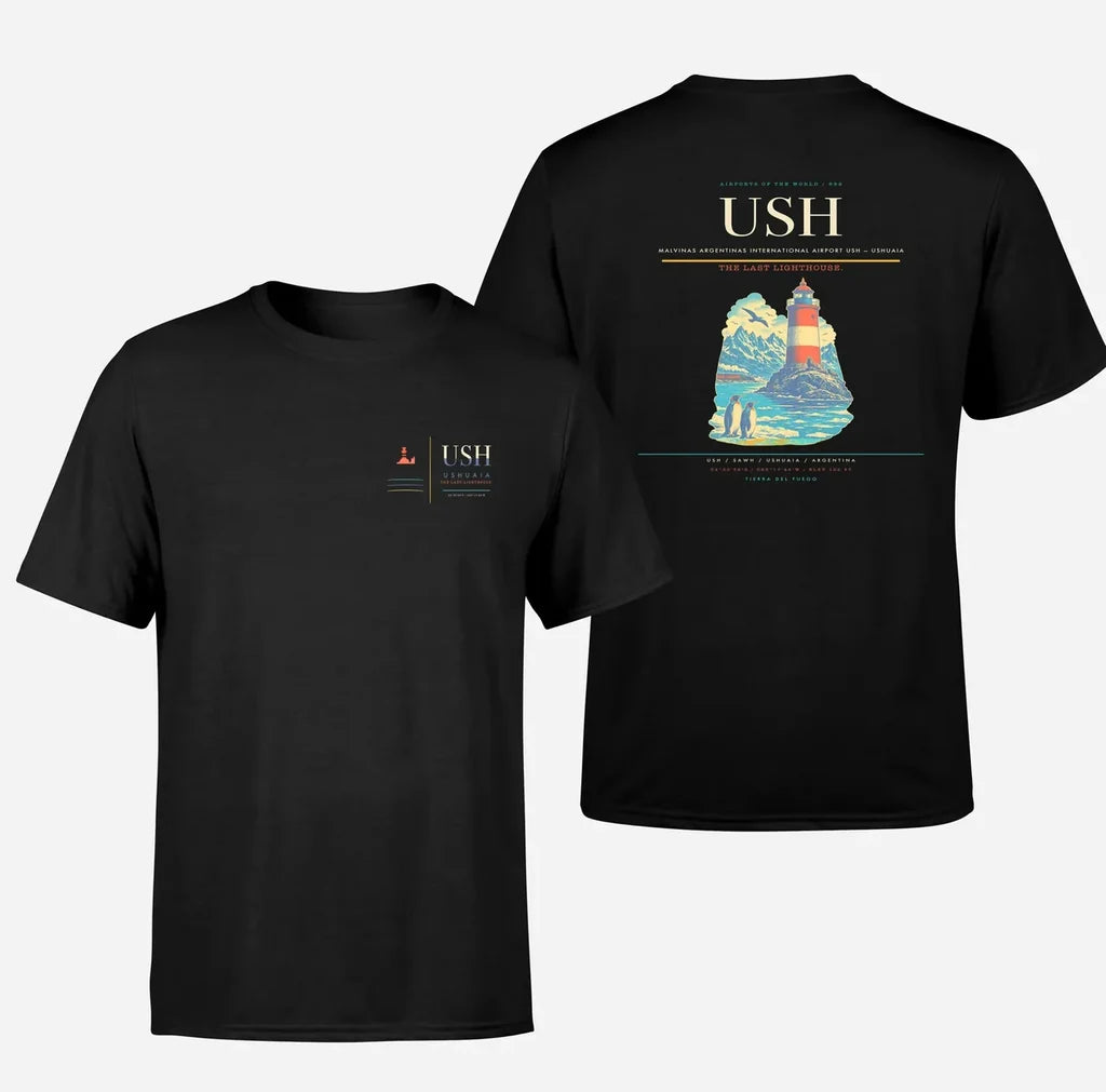 Malvinas Argentinas International Airport (USH) design printed on black double-side t-shirt
