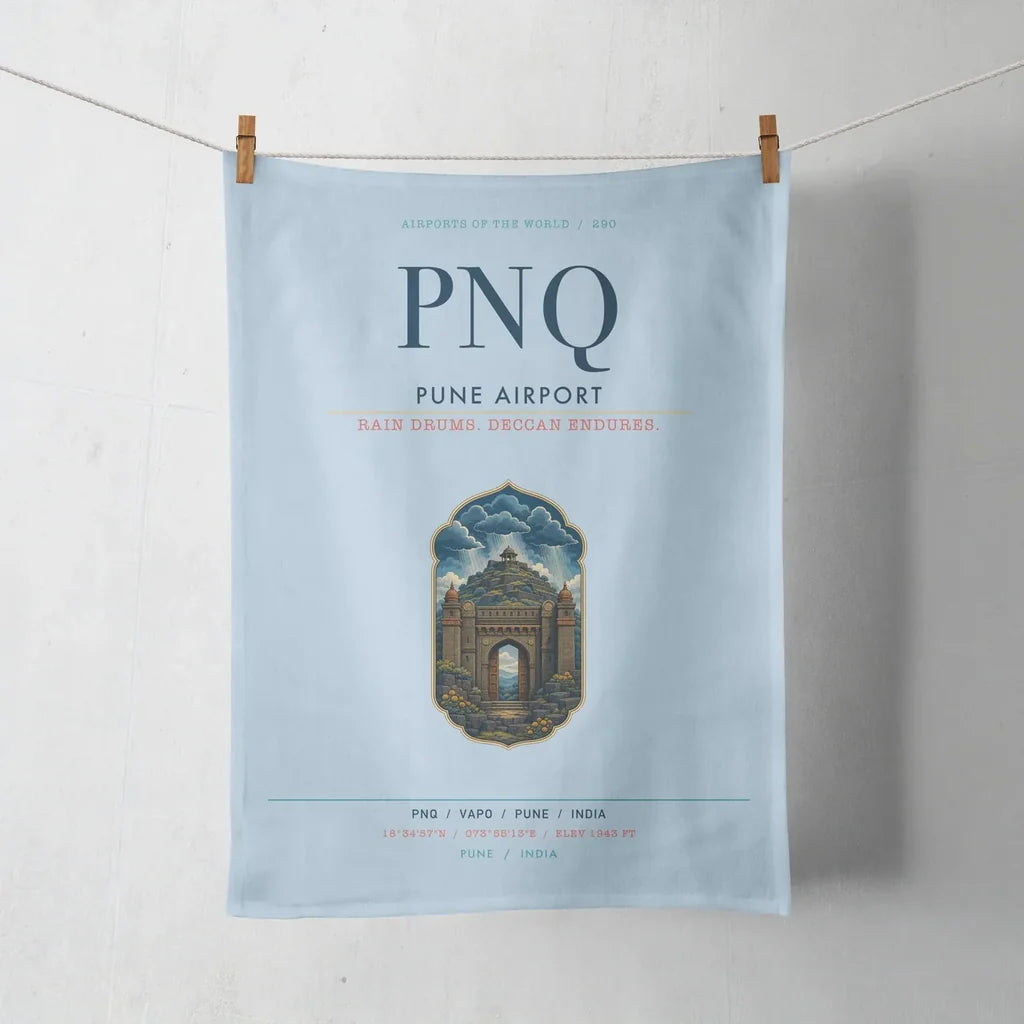 Pune Airport (PNQ) design on light blue towel