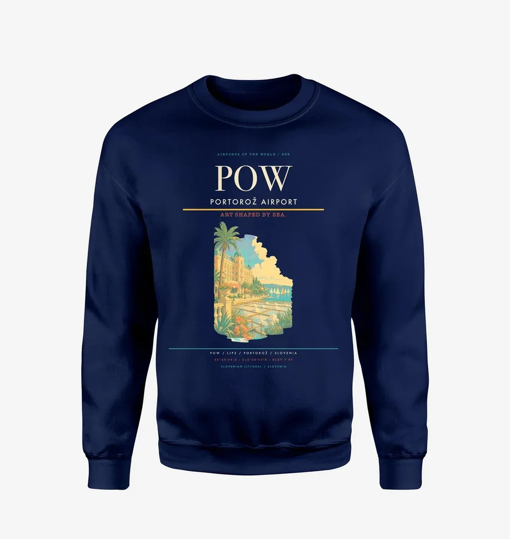 Portorož Airport (POW) design on navy blue sweatshirt