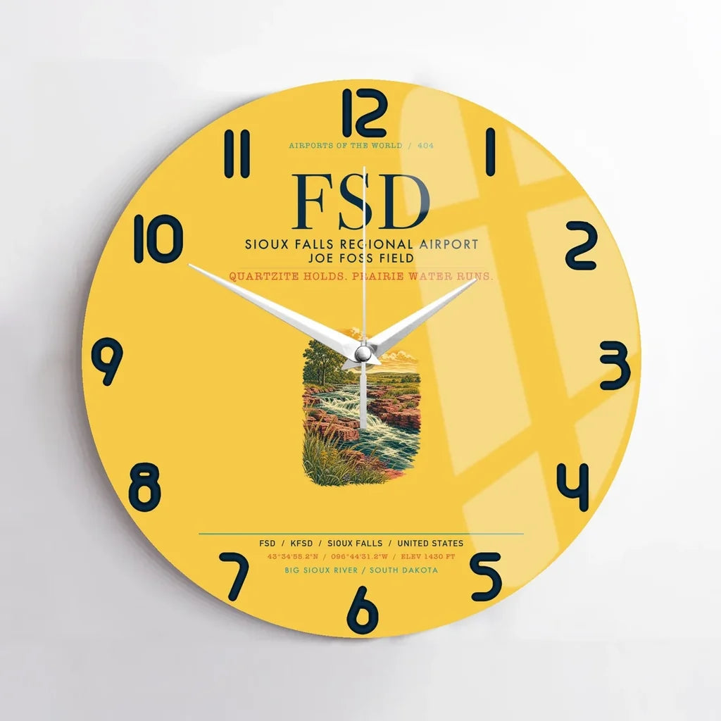 Sioux Falls Regional Airport Joe Foss Field (FSD) design on yellow no frame wall clock