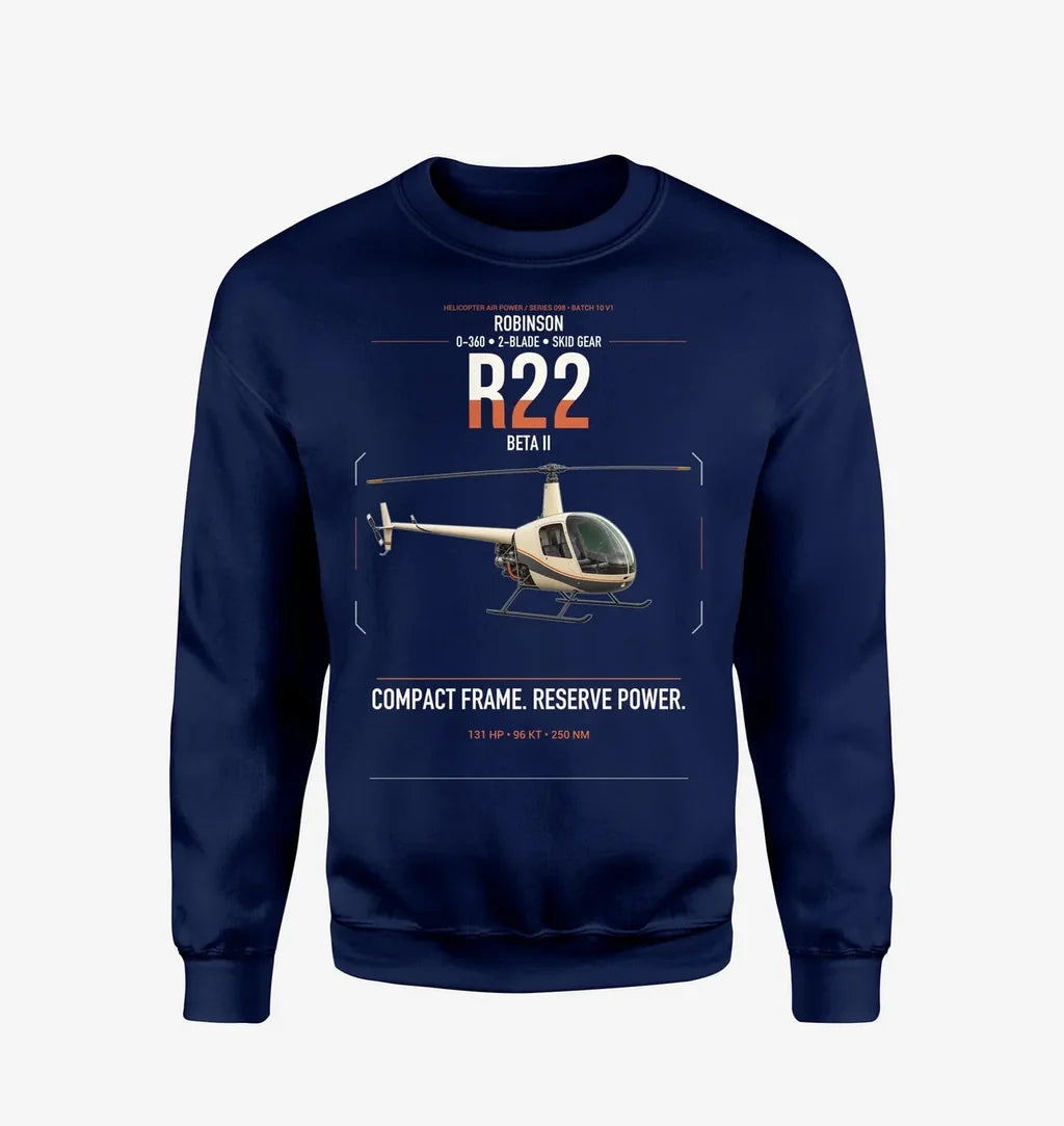 Robinson R22 Beta II design on navy blue sweatshirt