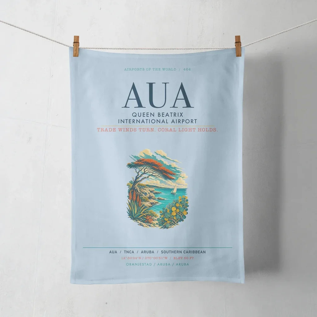Queen Beatrix International Airport (AUA) design on light blue towel