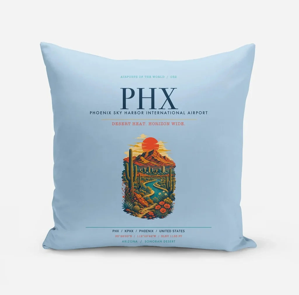 Phoenix Sky Harbor International Airport (PHX) design on light blue pillow
