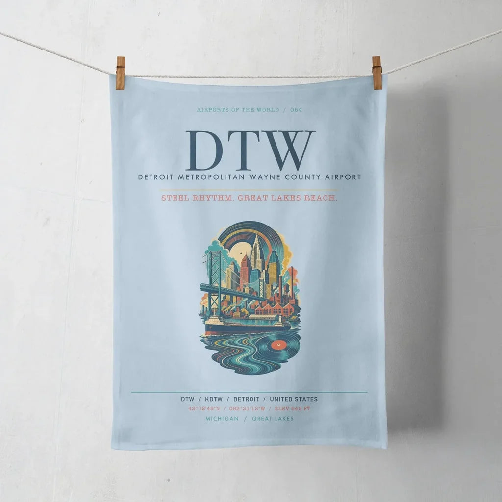 Detroit Metropolitan Wayne County Airport (DTW) design on light blue towel