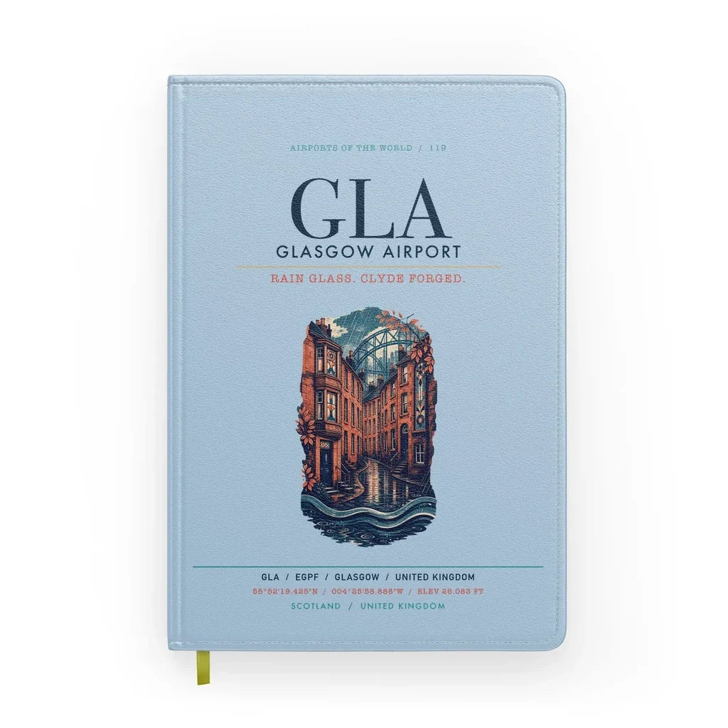 Glasgow Airport (GLA) design on light blue notebook