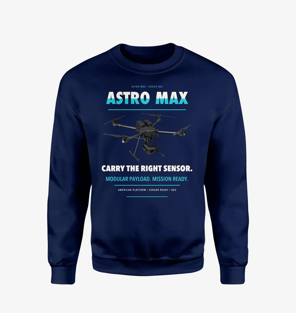 Freefly Astro Max design on navy blue sweatshirt