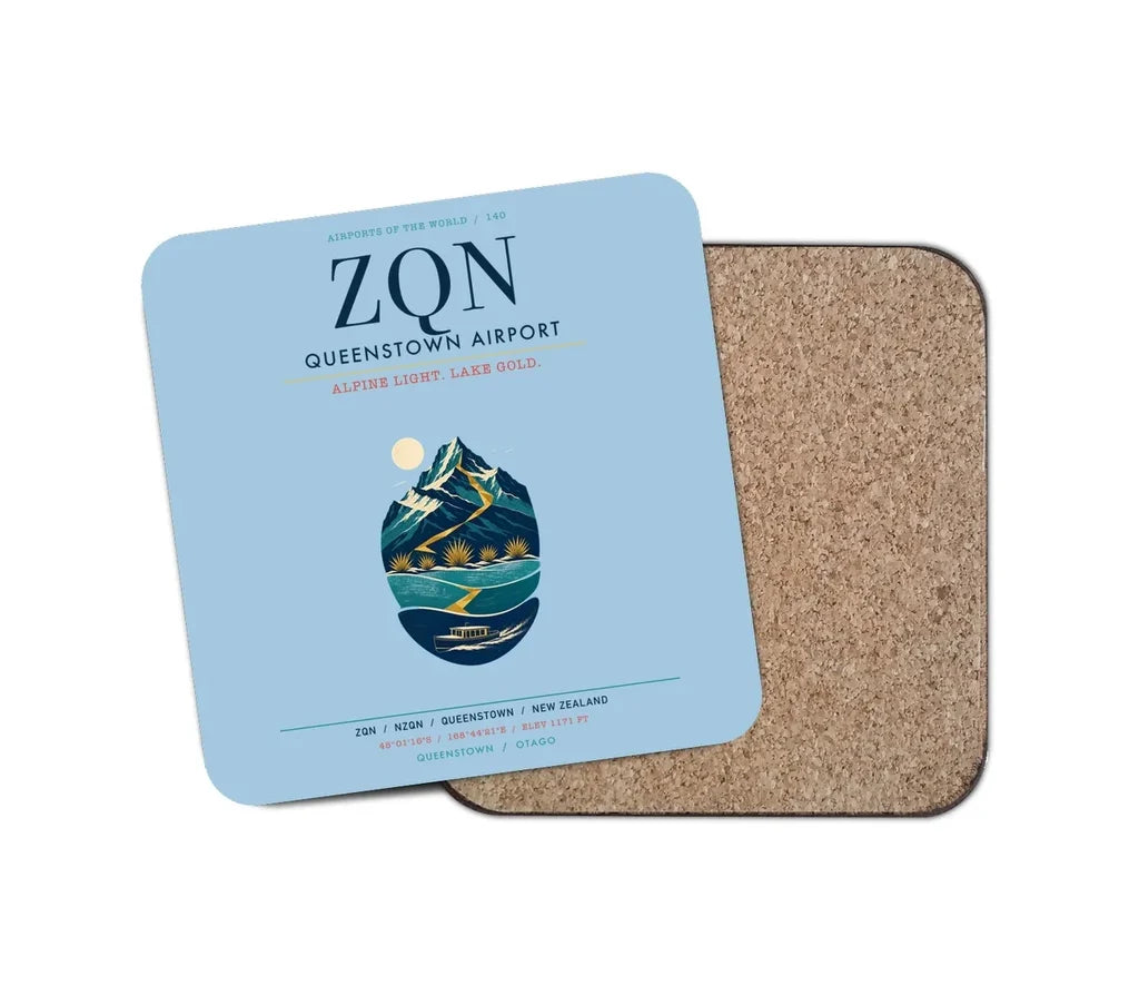 Queenstown Airport (ZQN) design on light blue 1 piece coaster