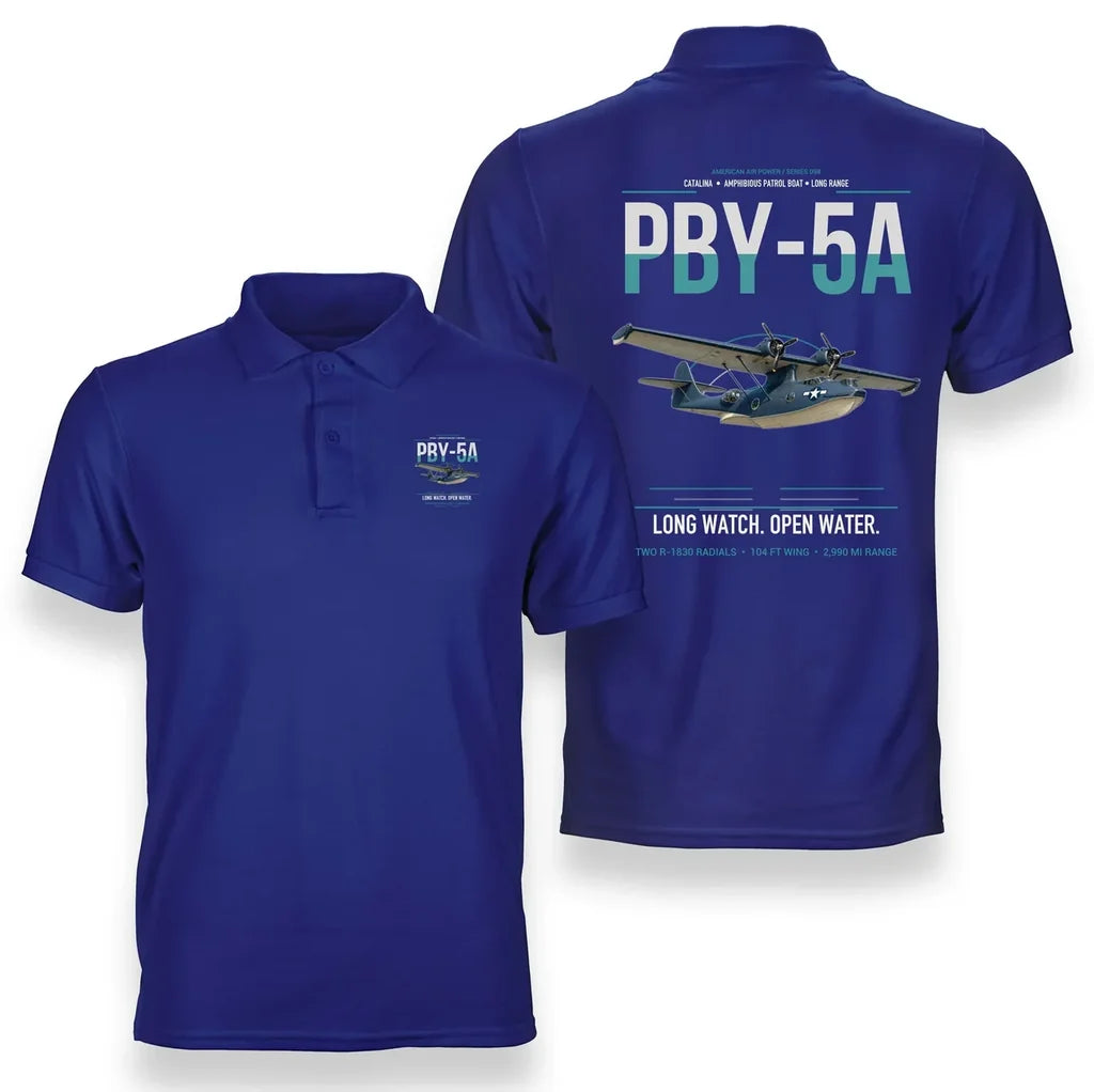 PBY-5A Catalina design on blue double-side polo t-shirt, double-side print