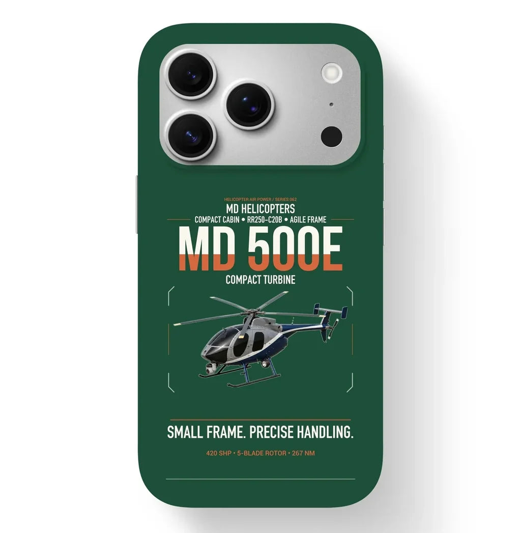 MD Helicopters MD 500E design on dark green magsafe iphone case, for iPhone 17 Pro