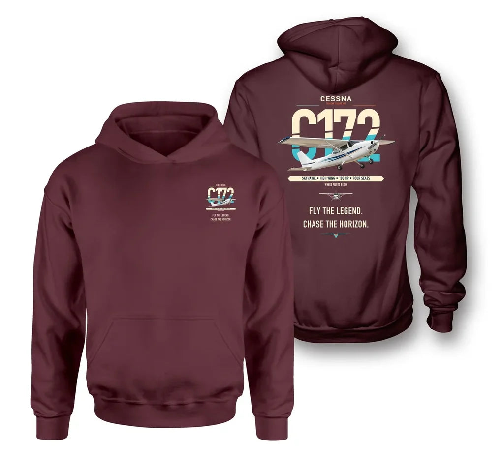 Cessna 172 Skyhawk design on dark red double-side hoodie, double-side print