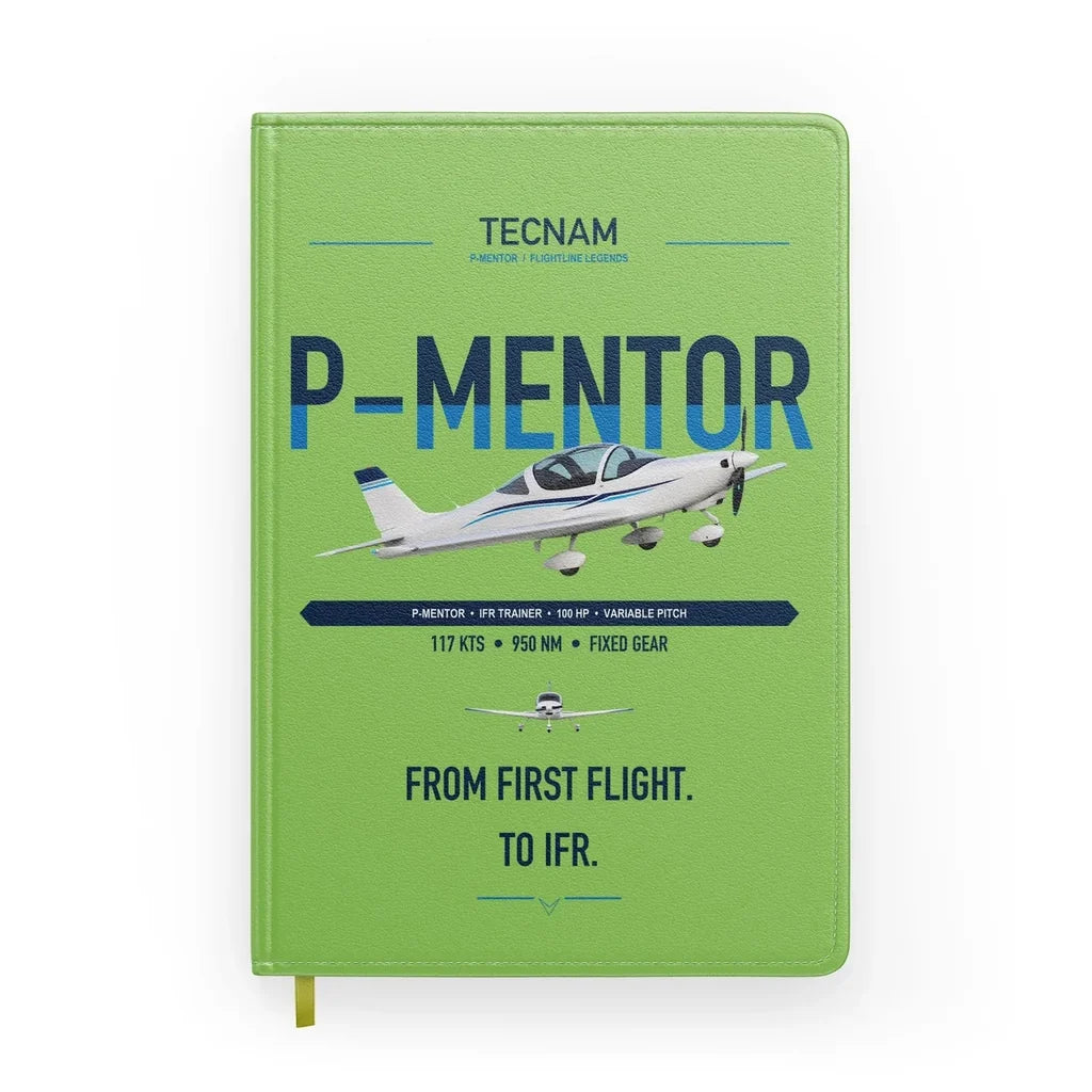 Tecnam P-Mentor design on light green notebook