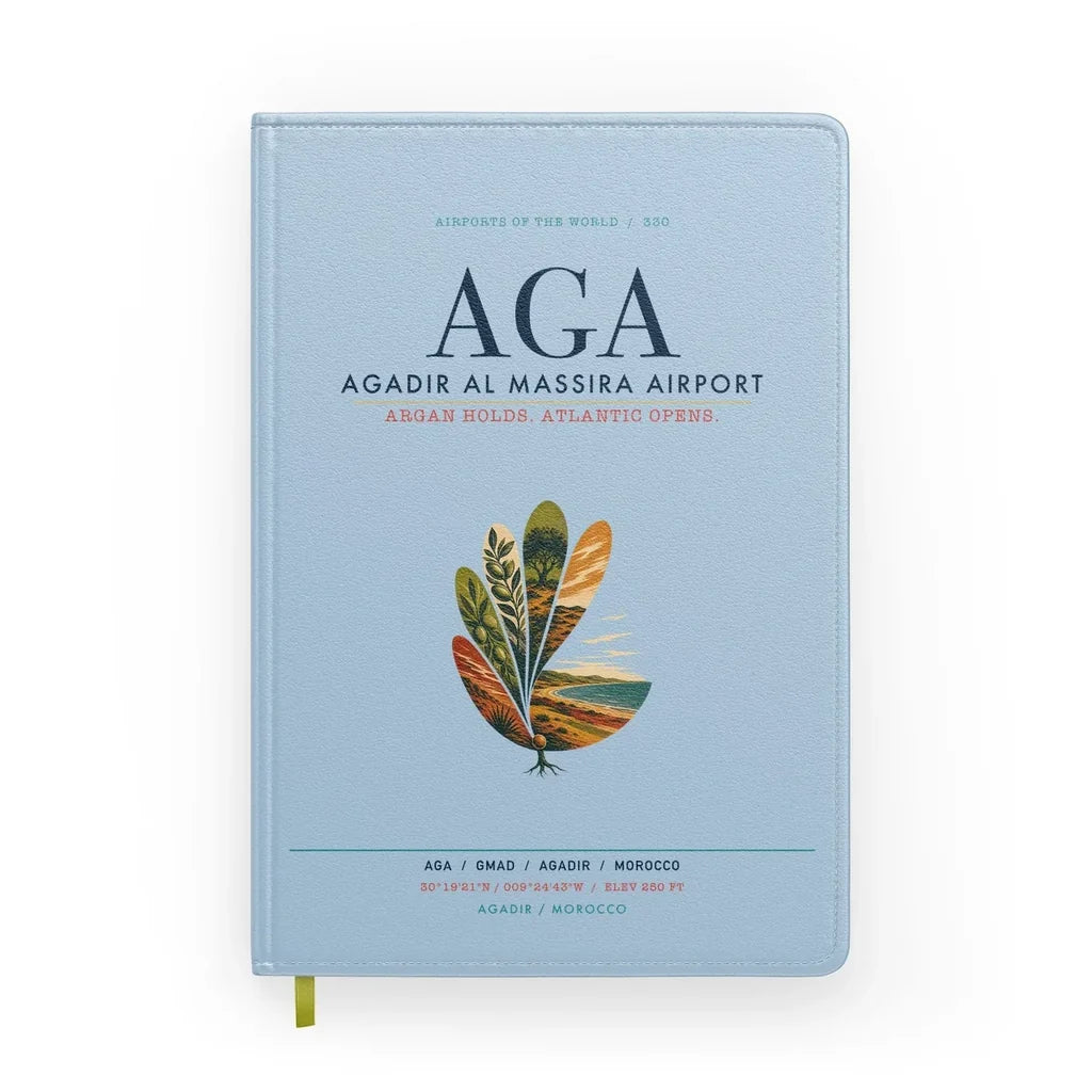 Agadir Al Massira Airport (AGA) design on light blue notebook