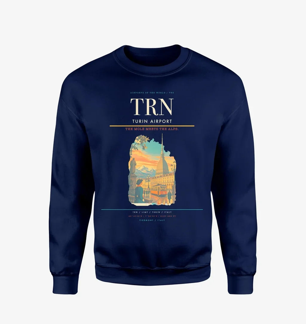 Turin Airport (TRN) design on navy blue sweatshirt