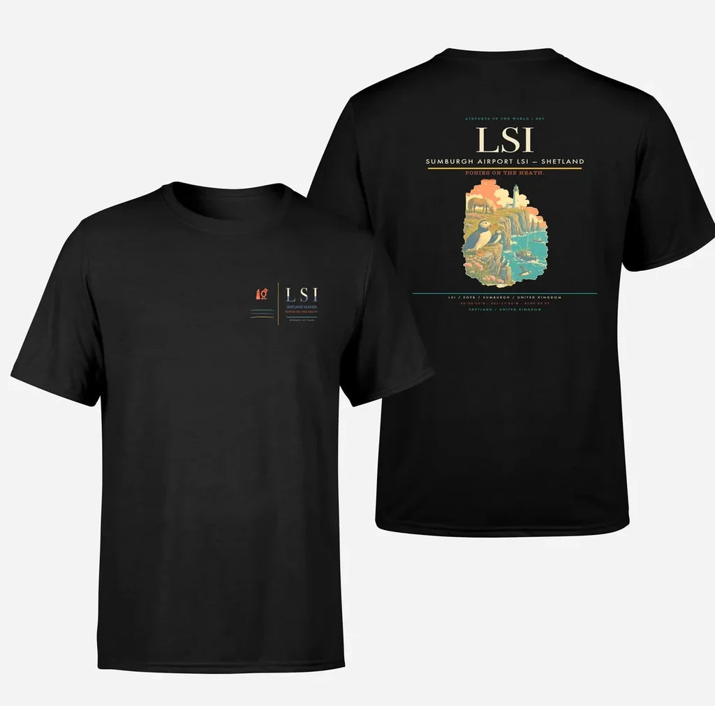 Sumburgh Airport (LSI) design printed on black double-side t-shirt
