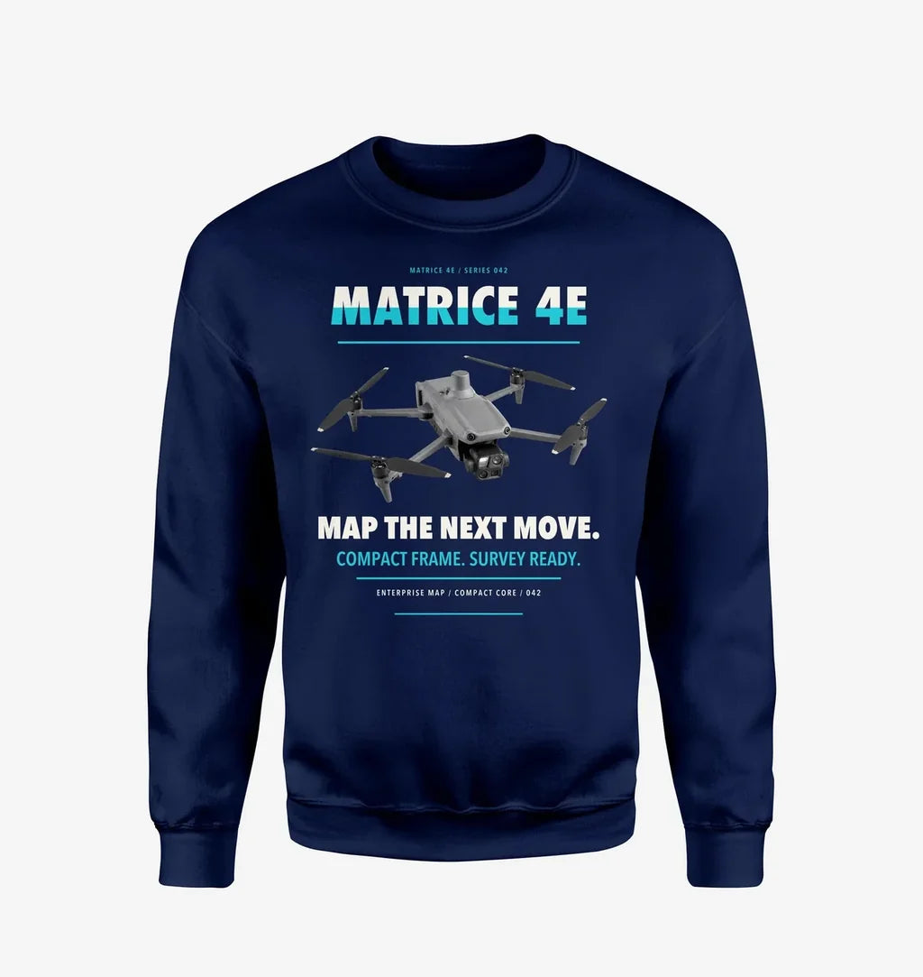 DJI Matrice 4E design on navy blue sweatshirt