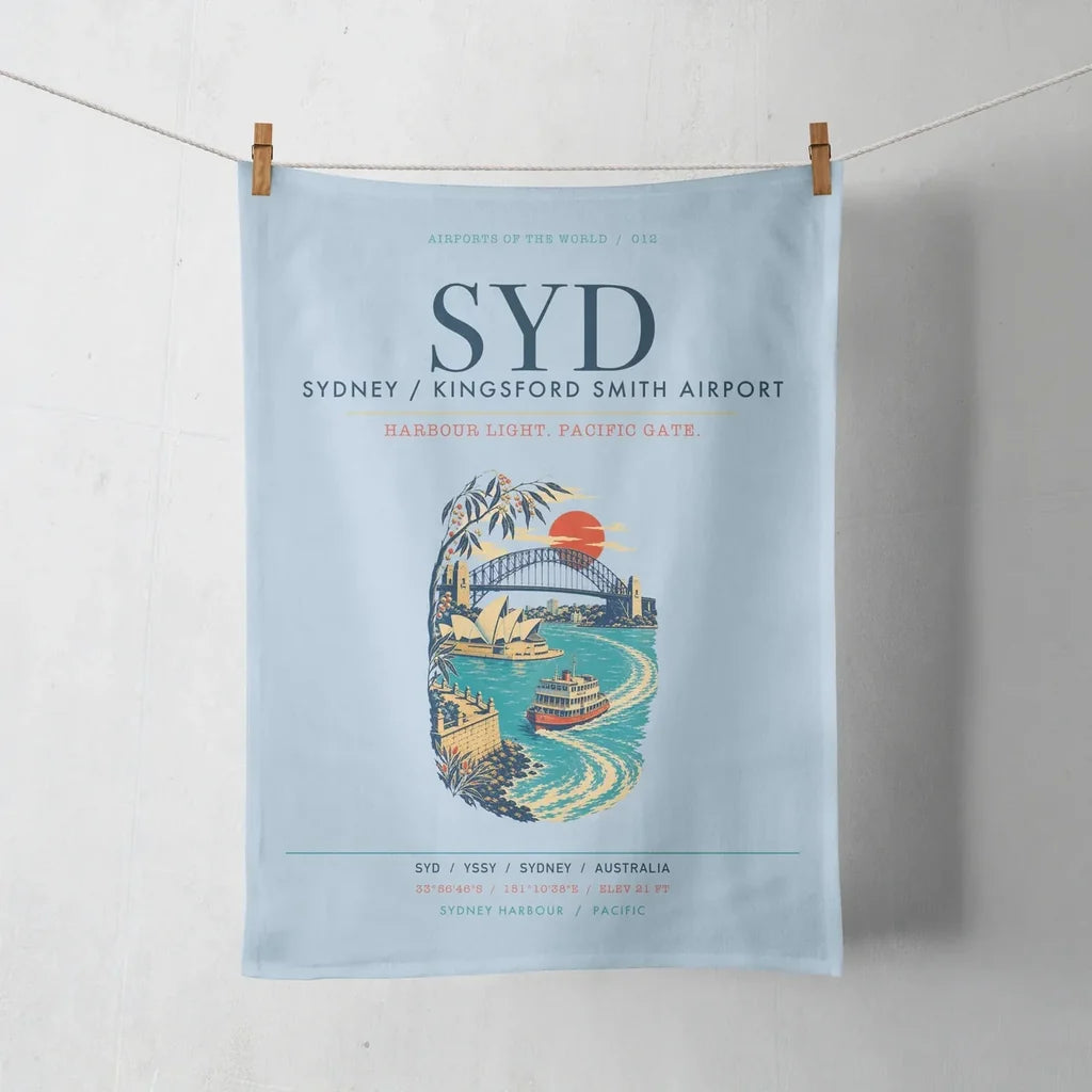 Sydney Kingsford Smith Airport (SYD) design on light blue towel