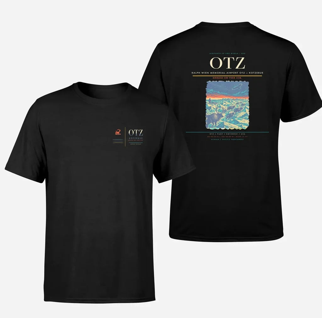 Ralph Wien Memorial Airport (OTZ) design printed on black double-side t-shirt