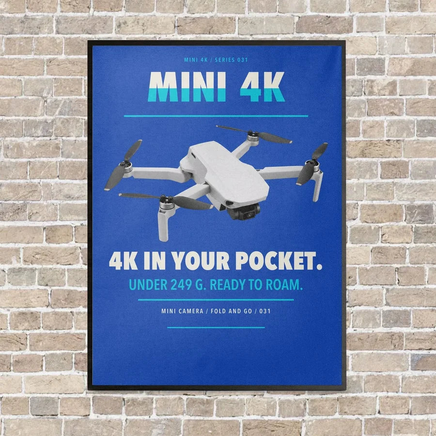 DJI Mini 4K vertical canvas print - framed - blue background