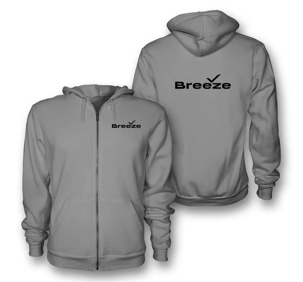 Breeze Airways logo on gray zipped hoodie