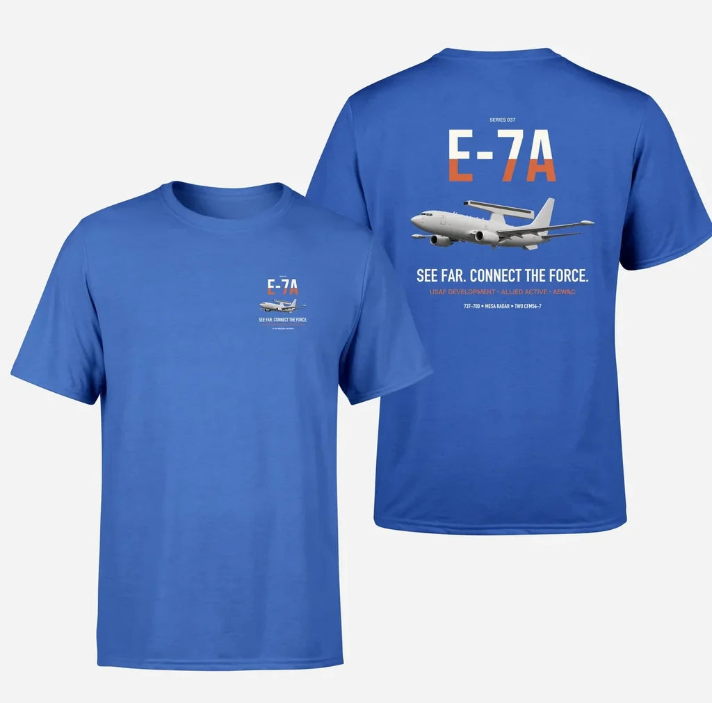 E-7A Wedgetail design on blue double-side t-shirt, double-side print