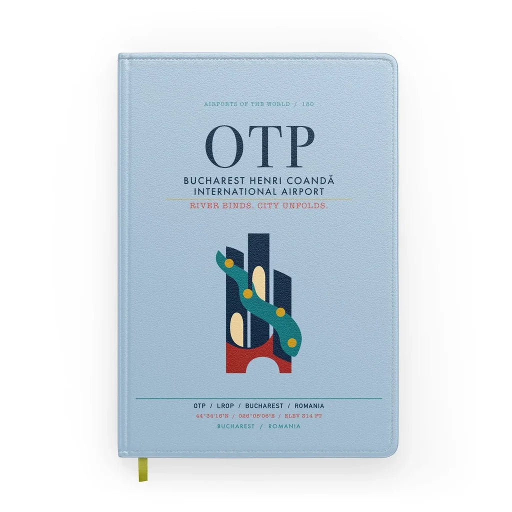 Bucharest Henri Coandă International Airport (OTP) design on light blue notebook
