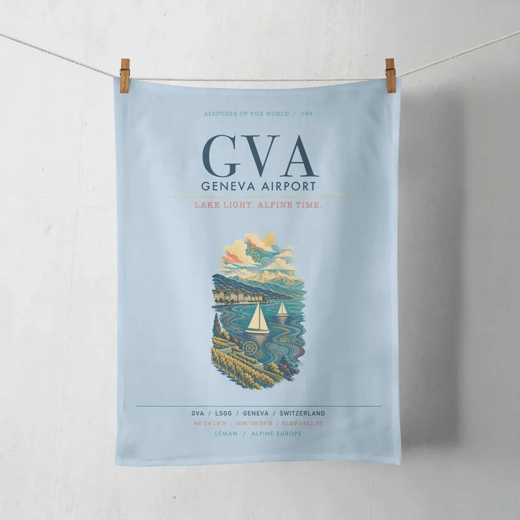 Geneva Airport (GVA) design on light blue towel