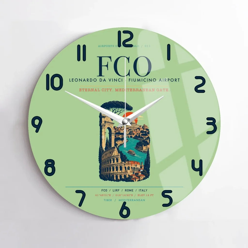 Rome Leonardo da Vinci Fiumicino Airport (FCO) design on light green no frame wall clock