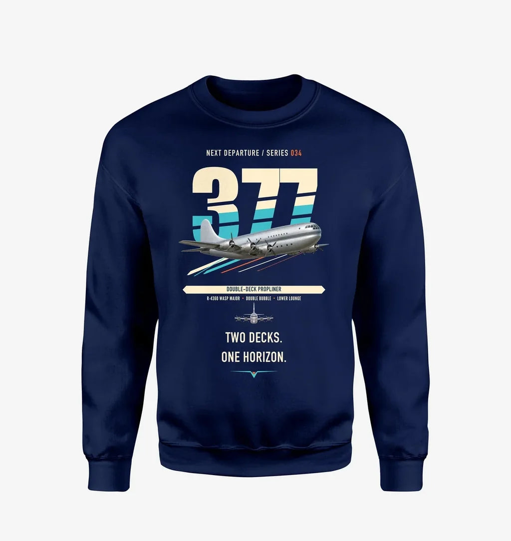 Boeing 377 Stratocruiser design on navy blue sweatshirt