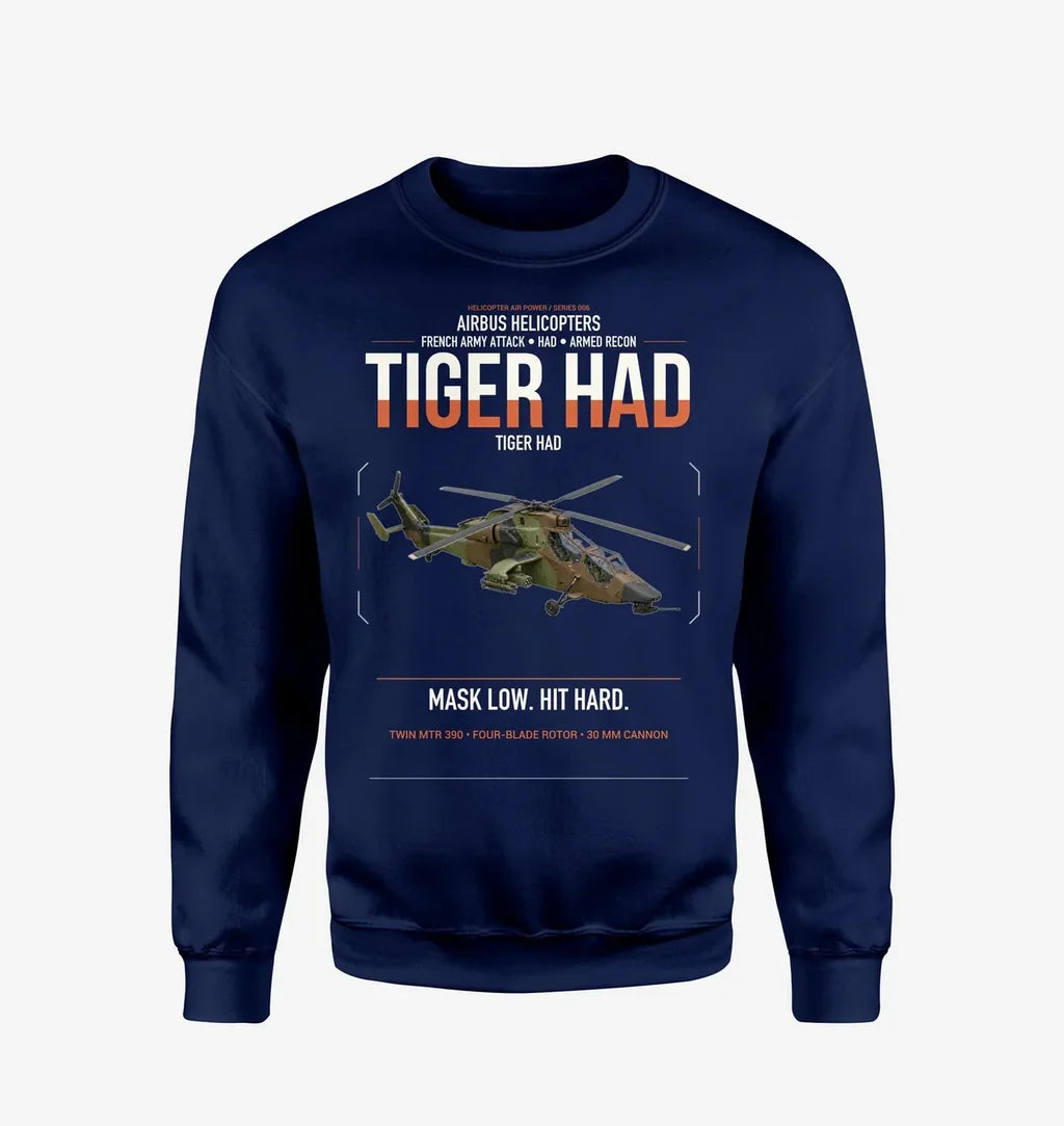Airbus Helicopters Tiger HAD design on navy blue sweatshirt