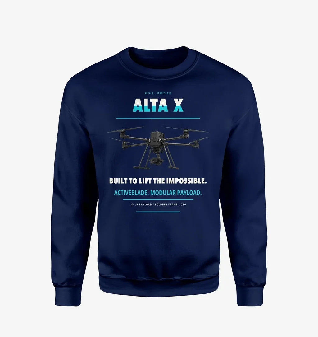 Freefly Alta X design on navy blue sweatshirt