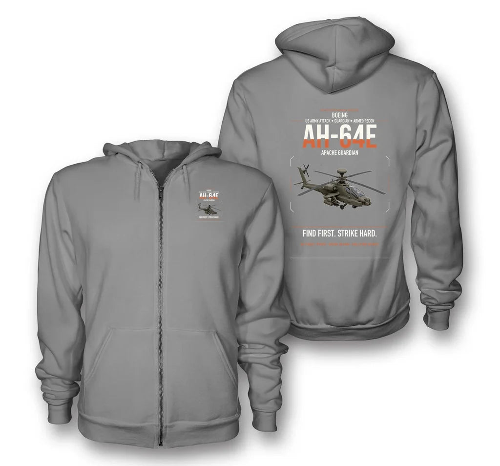 Boeing AH-64E Apache Guardian design on gray premium zipped hoodie, double-side print