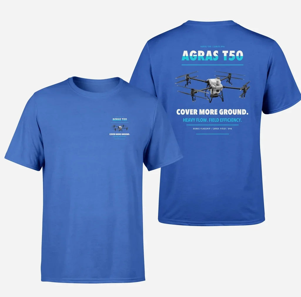 DJI Agras T50 design on blue t shirt