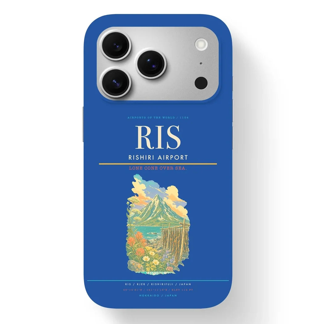 Rishirifuji Airport (RIS) design on blue iPhone 17 Pro MagSafe case