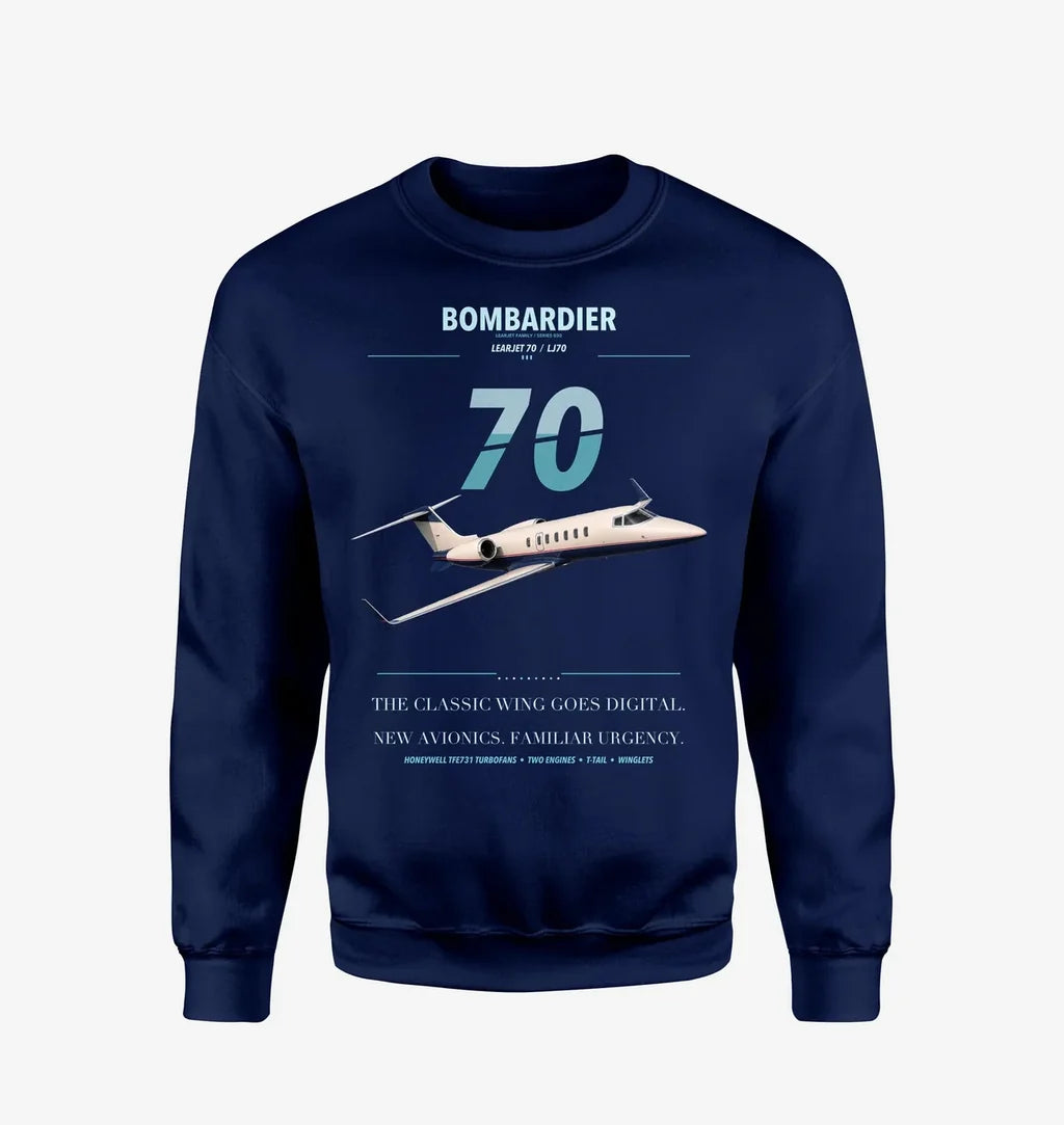 Bombardier Learjet 70 design on navy blue sweatshirt