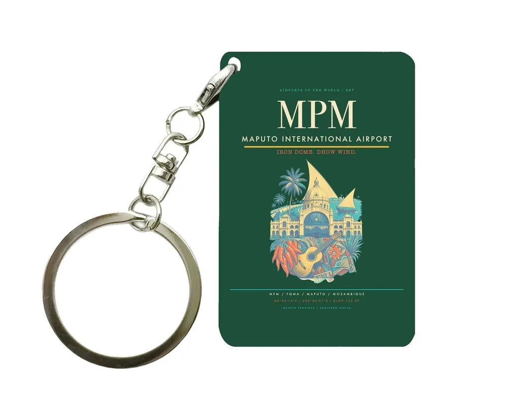Maputo International Airport MPM Key Chain design on dark green key chain