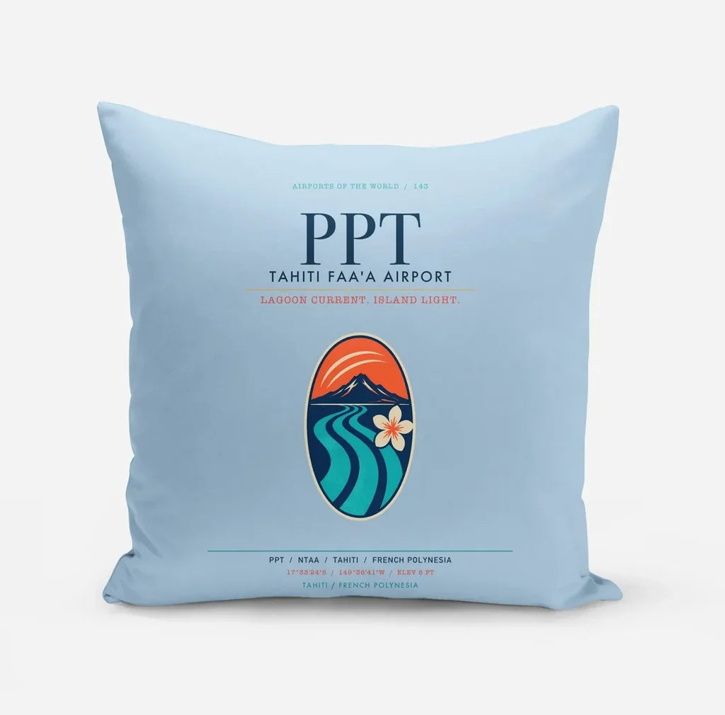 Tahiti Faa'a Airport (PPT) design on light blue pillow