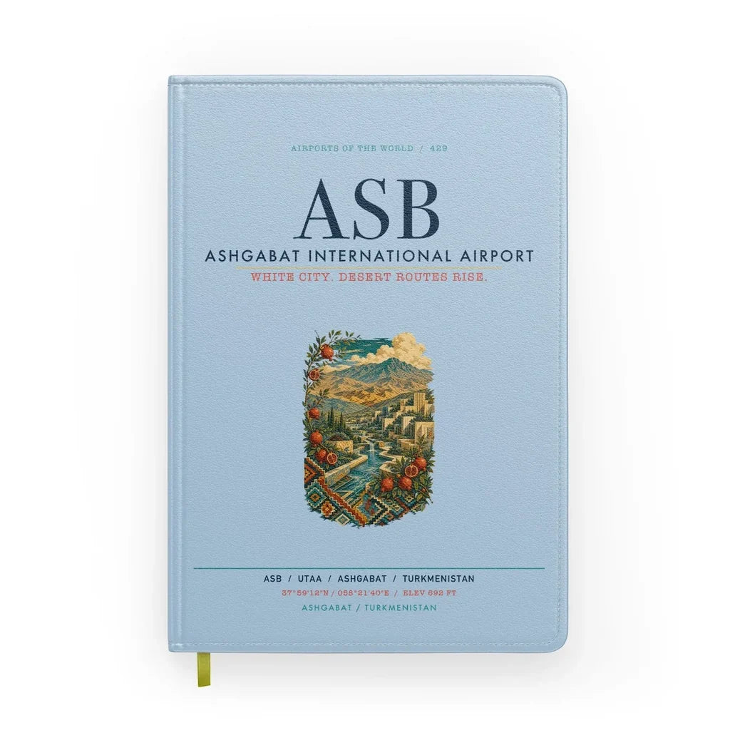 Ashgabat International Airport (ASB) design on light blue notebook
