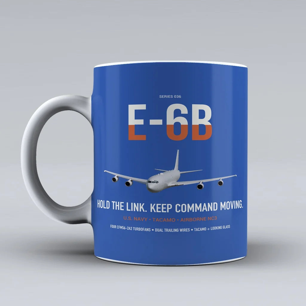 E-6B Mercury design on blue ceramic mug, double-side print