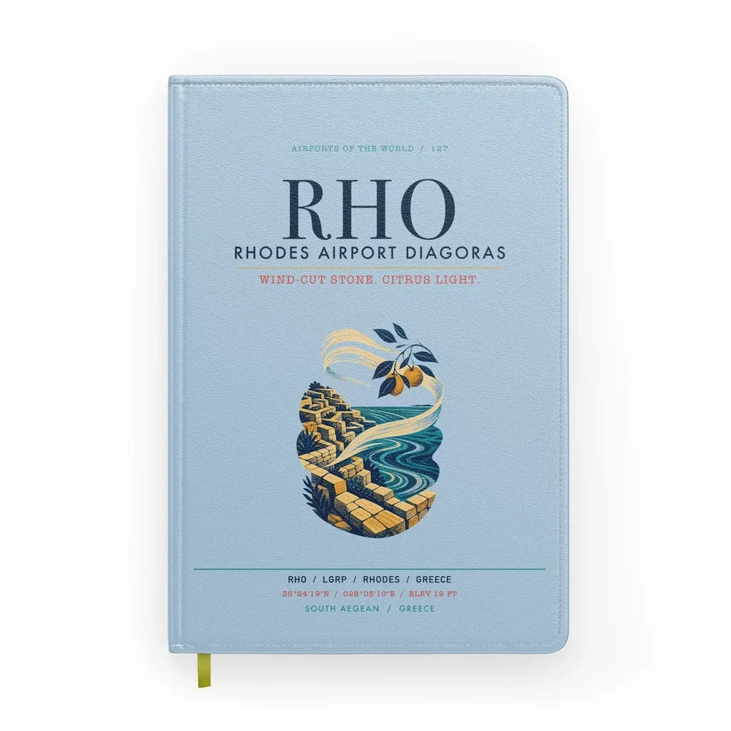 Rhodes Airport Diagoras (RHO) design on light blue notebook