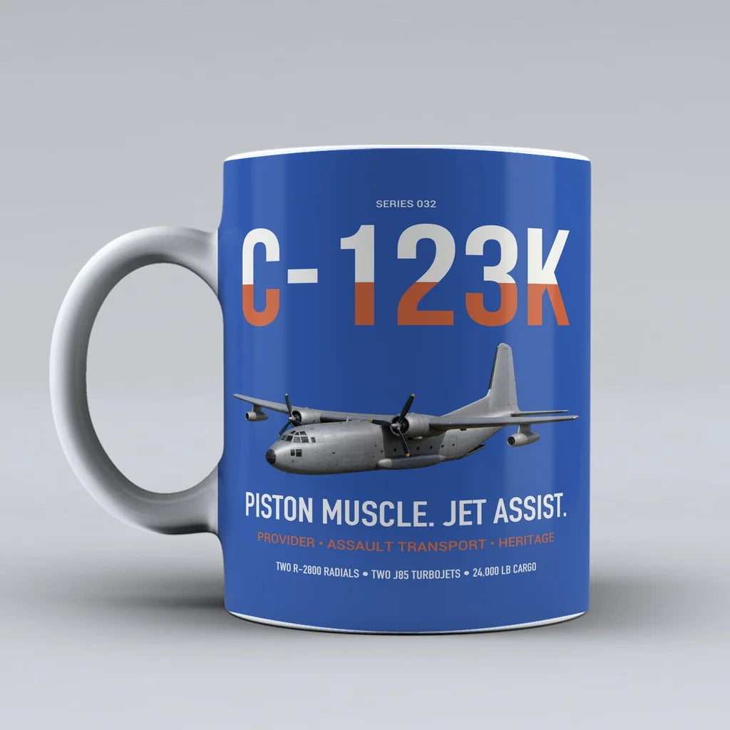 C-123K Provider design on blue ceramic mug, double-side print