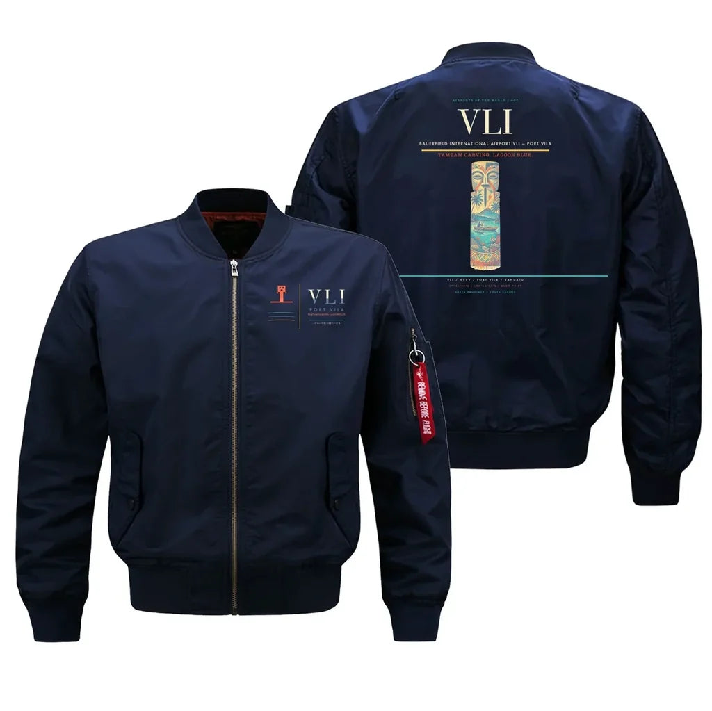 Bauerfield International Airport (VLI) design on blue bomber jacket