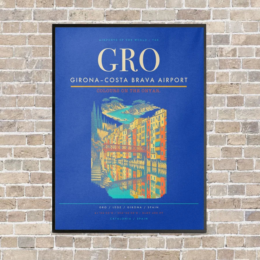 Girona–Costa Brava Airport GRO vertical canvas print - framed - blue background
