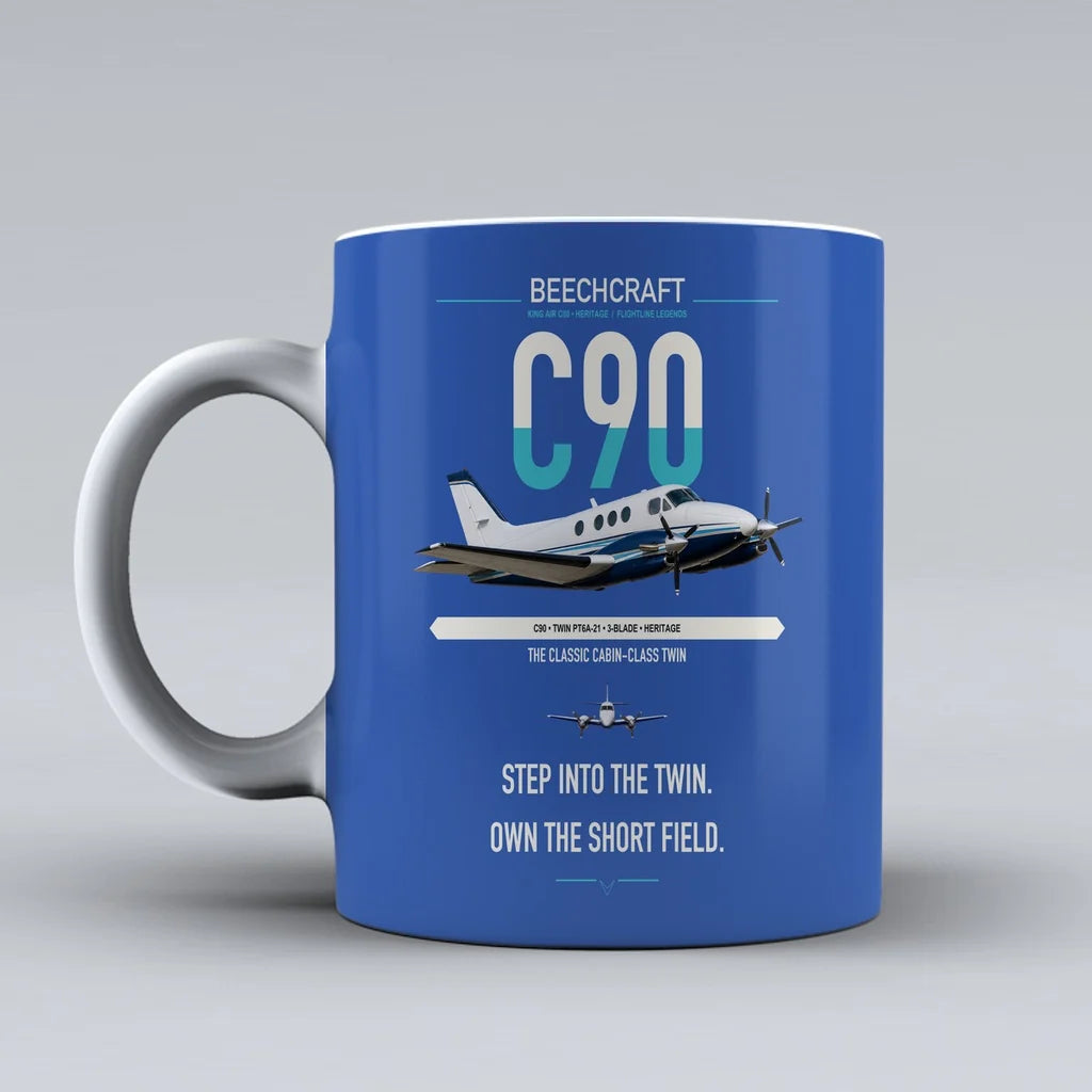 Beechcraft King Air C90 design on blue ceramic mug, double-side print