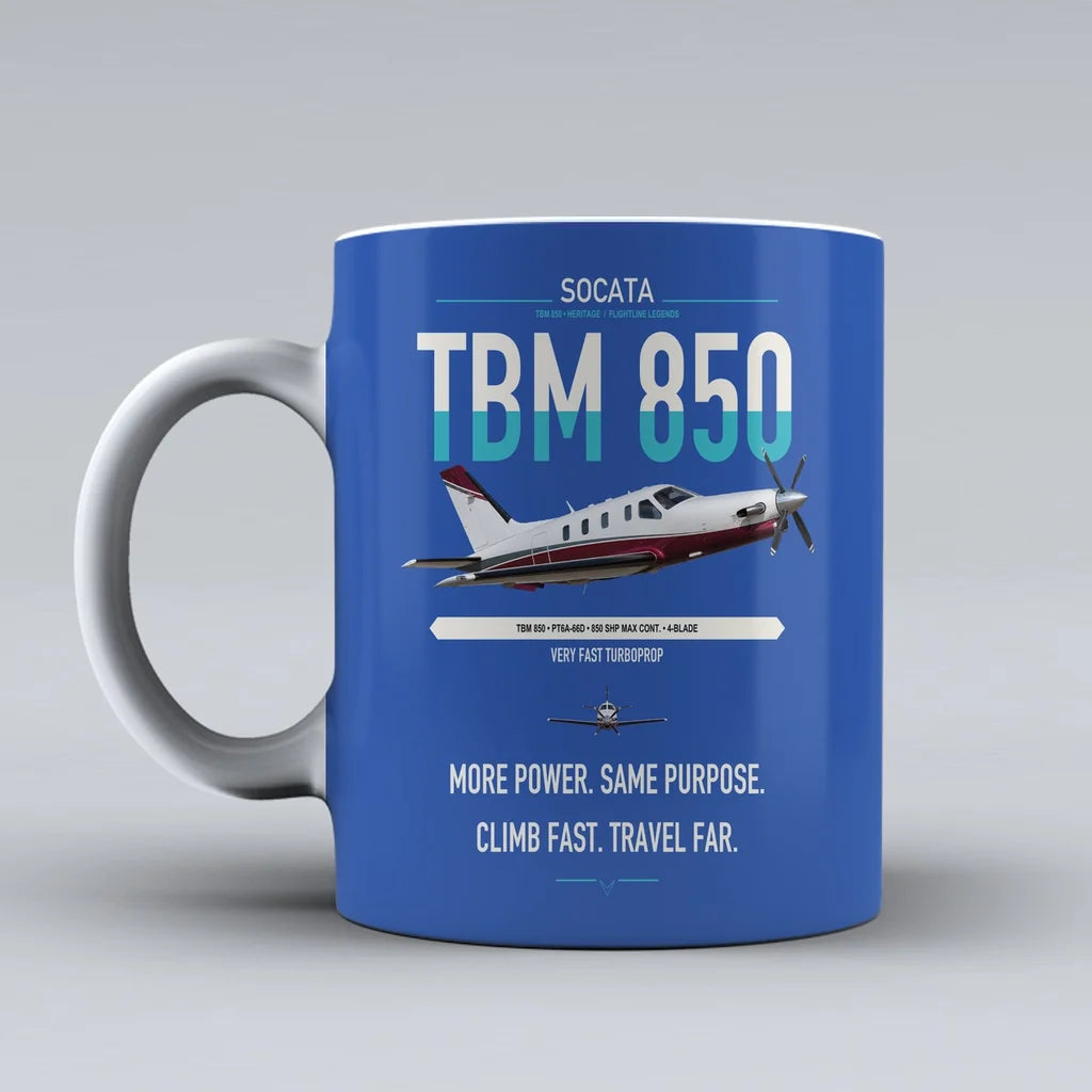 Socata TBM 850 design on blue ceramic mug, double-side print