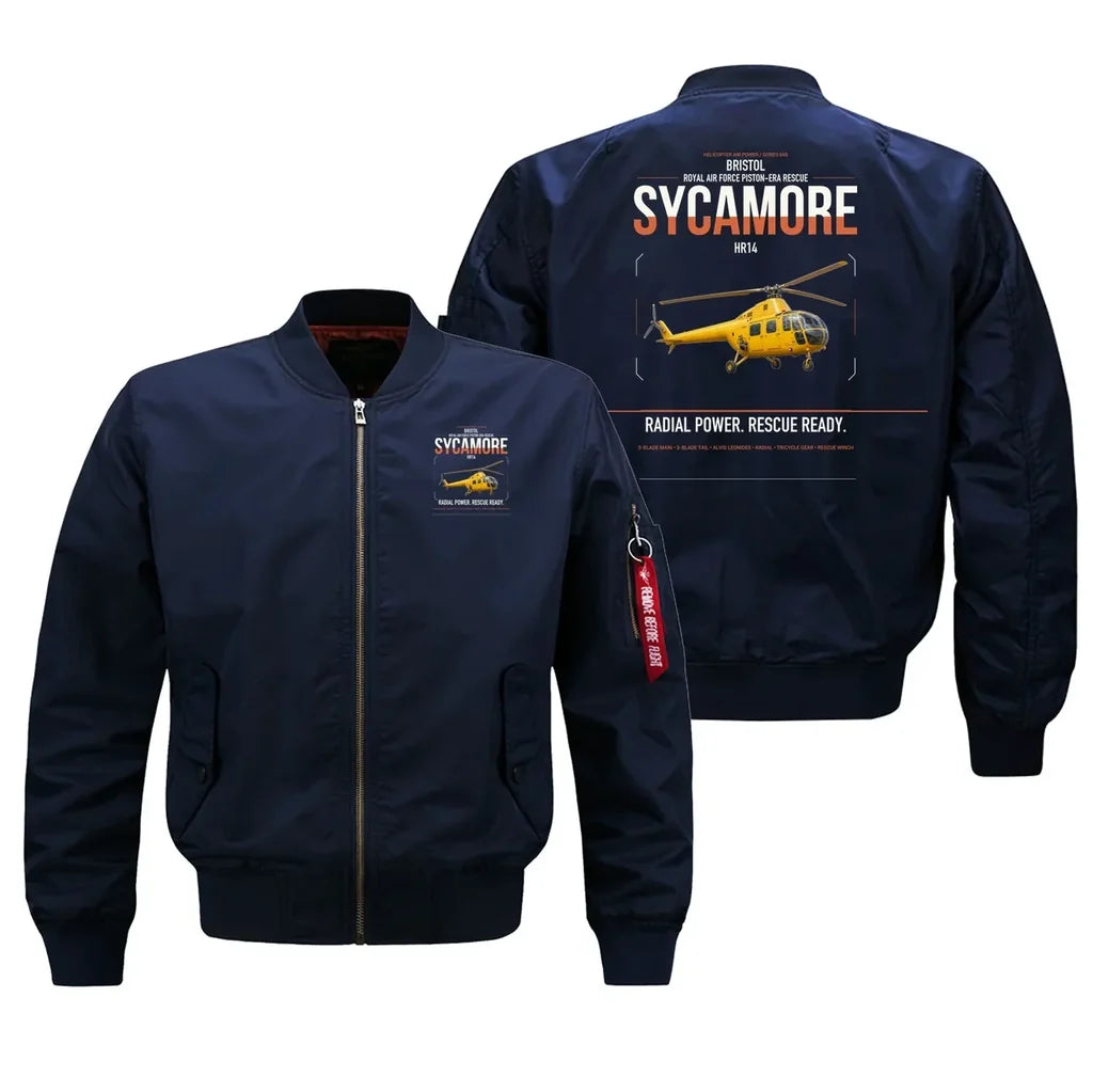 Bristol Sycamore HR14 design on blue bomber jacket, double-side print