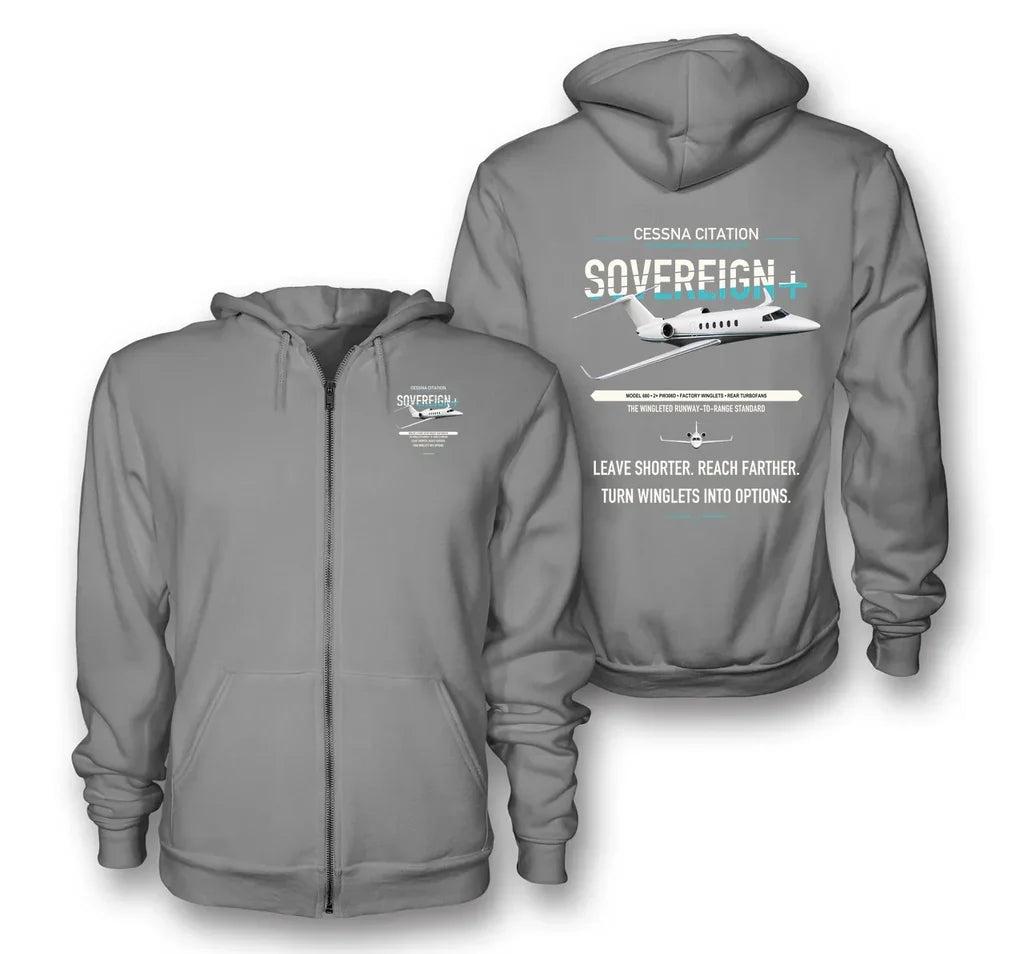 Cessna Citation Sovereign+ design on gray premium zipped hoodie, double-side print